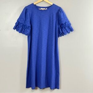 Chico’s Periwinkle Blue Slub Knit Cotton Blend Eyelet Sleeve Shift Dress, Large.